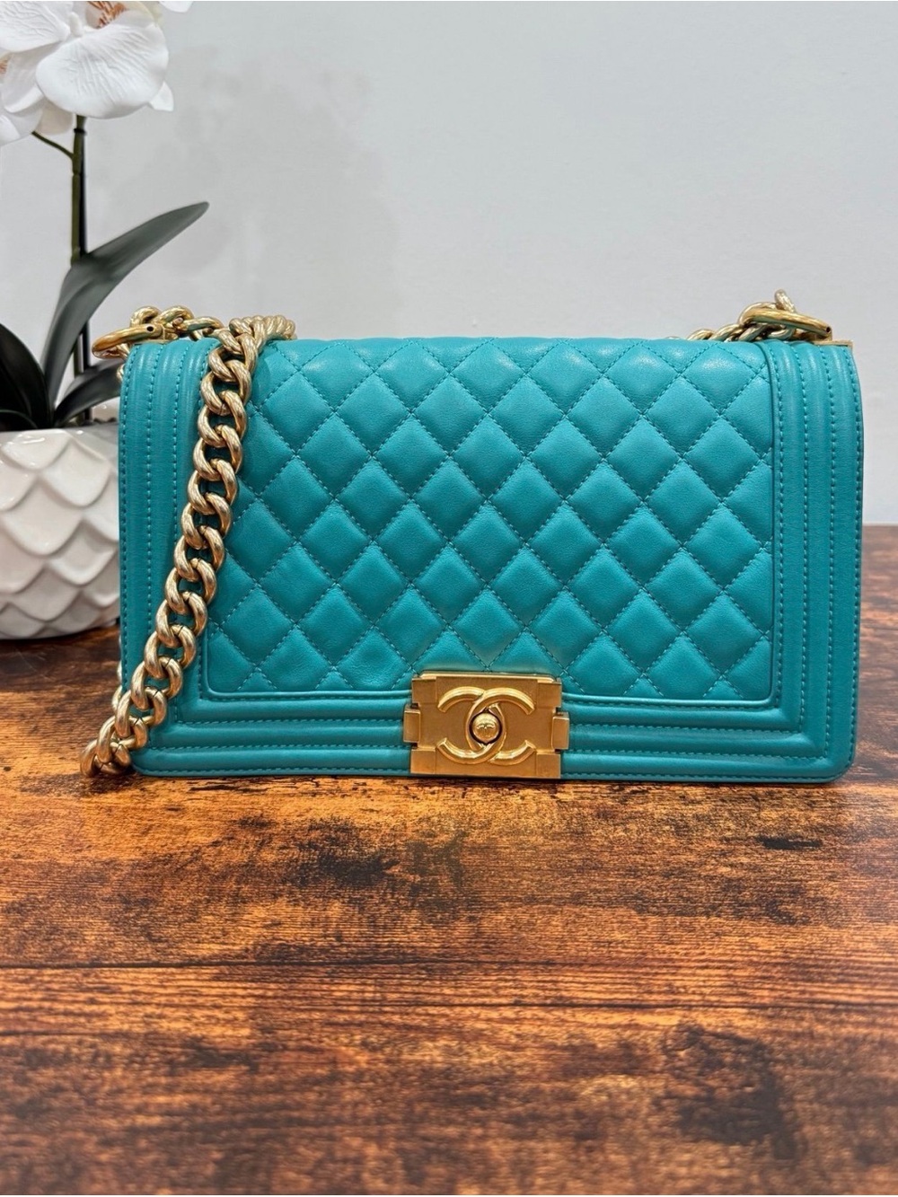 CHANEL Turquoise Quilted Boy Bag with Gold Hardware